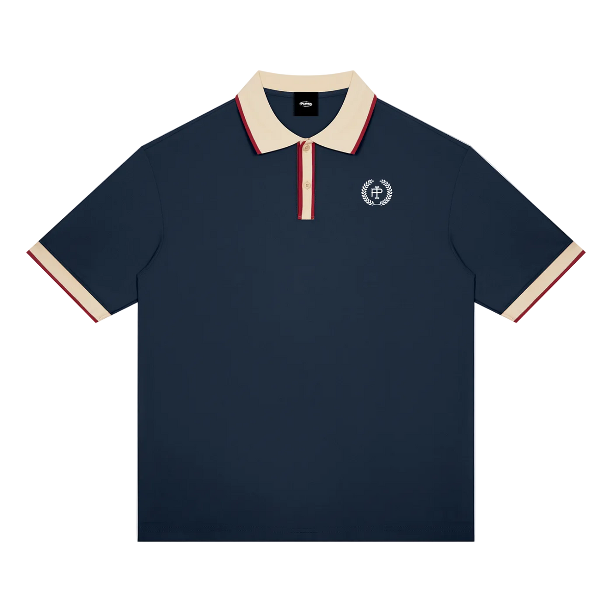 A navy blue short-sleeve polo shirt with a cream collar and sleeve cuffs, accented by thin red stripes. It features a small circular embroidered crest on the left chest and a black brand label inside the collar.
