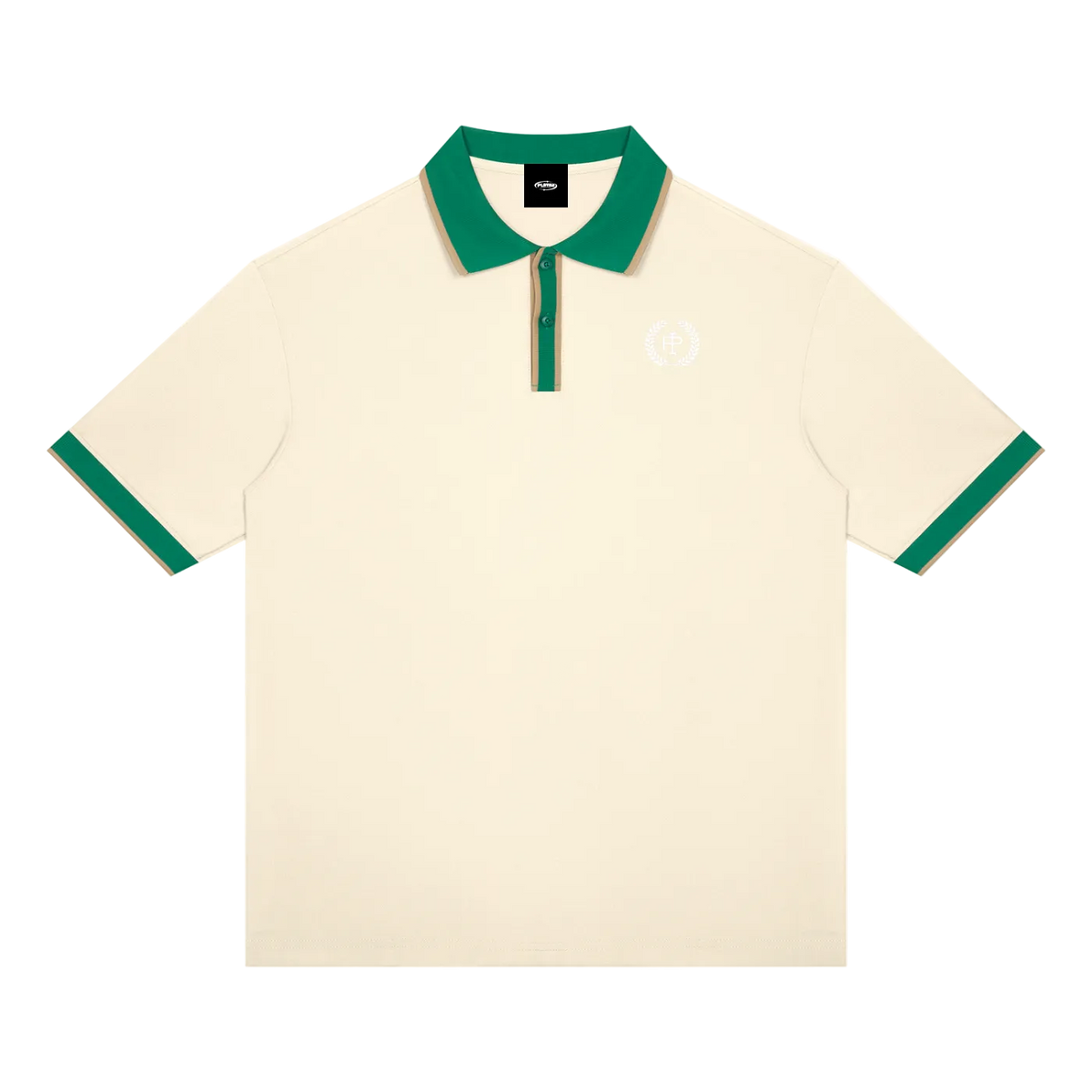An off-white polo shirt with a green collar and green sleeve cuffs, featuring a small white embroidered logo on the left chest.