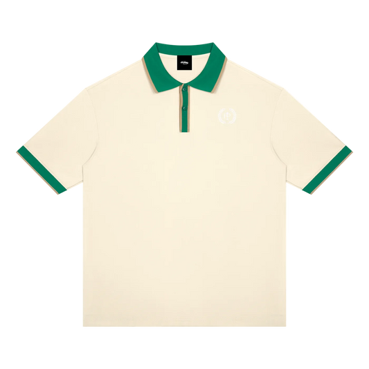 An off-white polo shirt with a green collar and green sleeve cuffs, featuring a small white embroidered logo on the left chest.