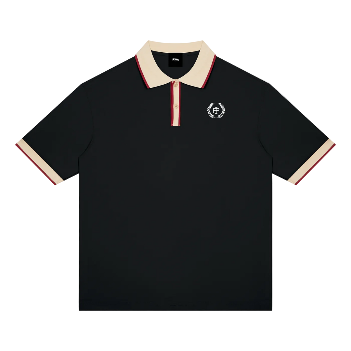A black short-sleeve polo shirt with a cream collar and sleeve cuffs, accented by thin red stripes, featuring a small circular embroidered crest on the left chest.