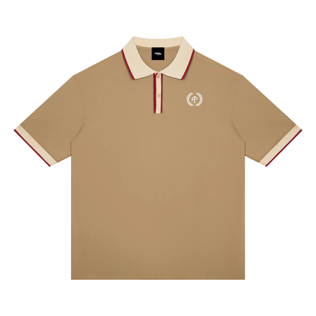 A beige short-sleeve polo shirt with cream and red striped collar and sleeve cuffs, featuring a small circular embroidered crest on the left chest. The brand name 'BONSAI' is visible on the inner neck label.