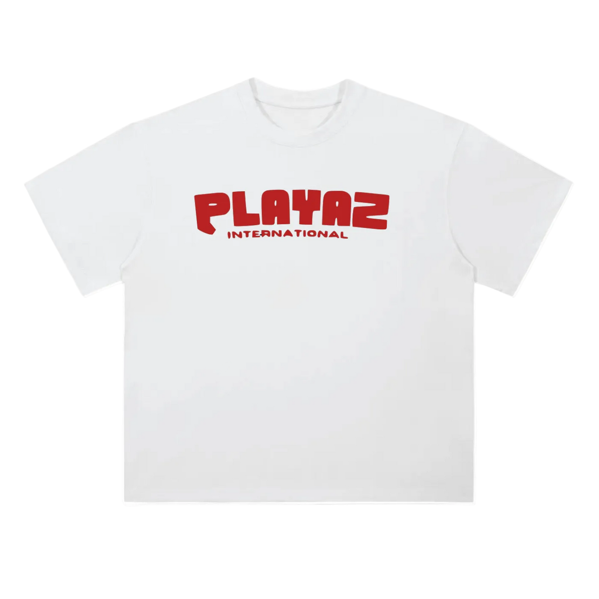 A white short-sleeve crewneck t-shirt featuring a red graphic print on the chest that reads 'PLAYAZ INTERNATIONAL' in a bold, stylized font.