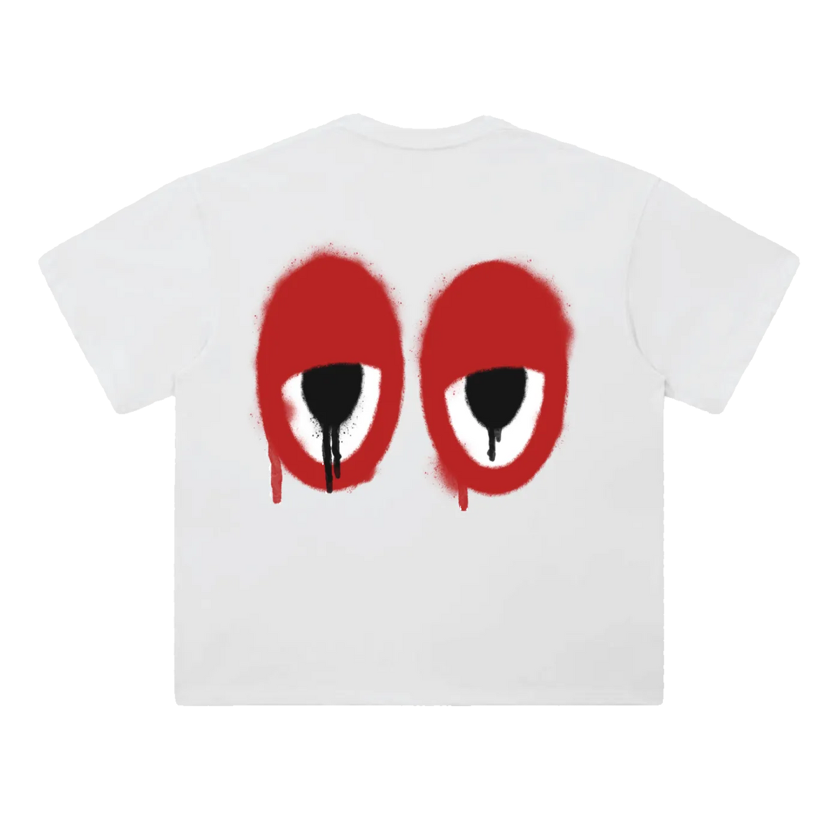 A white short-sleeve t-shirt featuring a graphic print of two large red spray-paint eyes with black and white details, displayed against a solid white background.